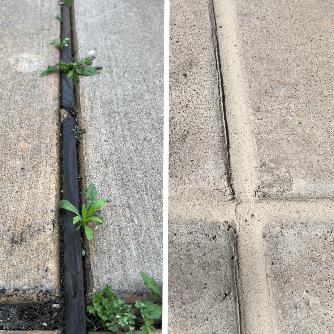 Expansion joint repair — before showing deteriorated joint with weeds, after showing clean sealed joint