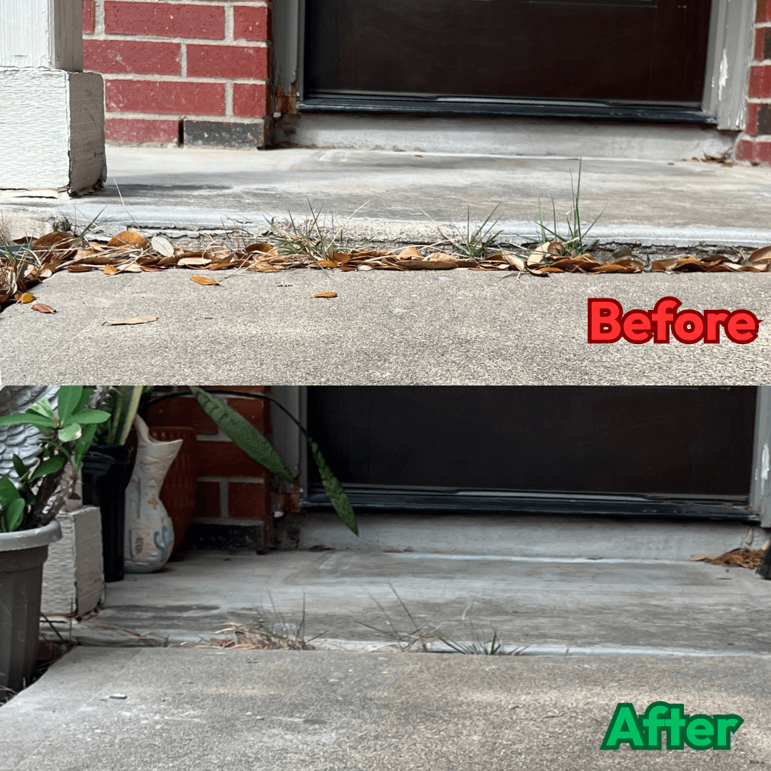 Porch step concrete lifting — before showing gap and settling at front door, after showing flush, even step