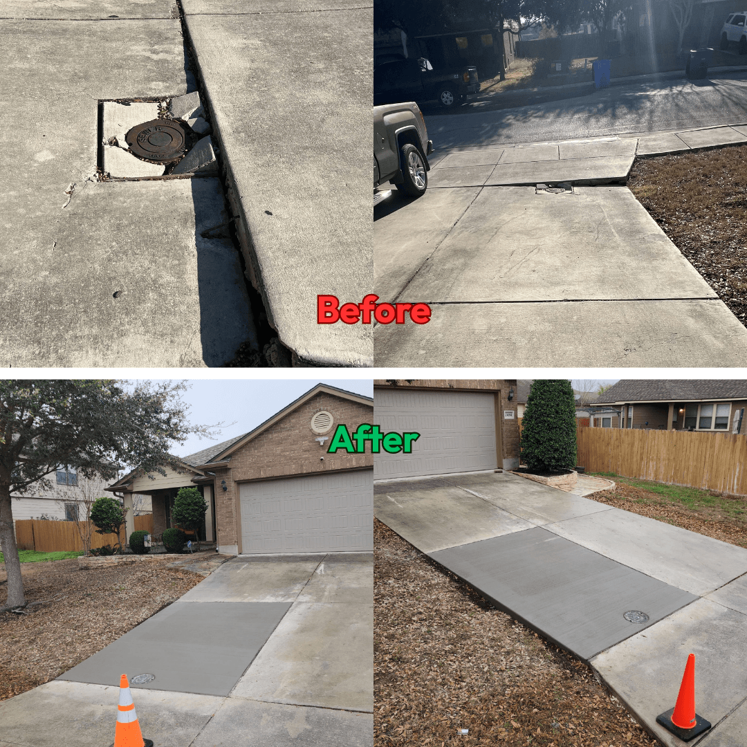 Sidewalk concrete lifting — before showing sunken uneven slabs, after showing even, smooth sidewalk