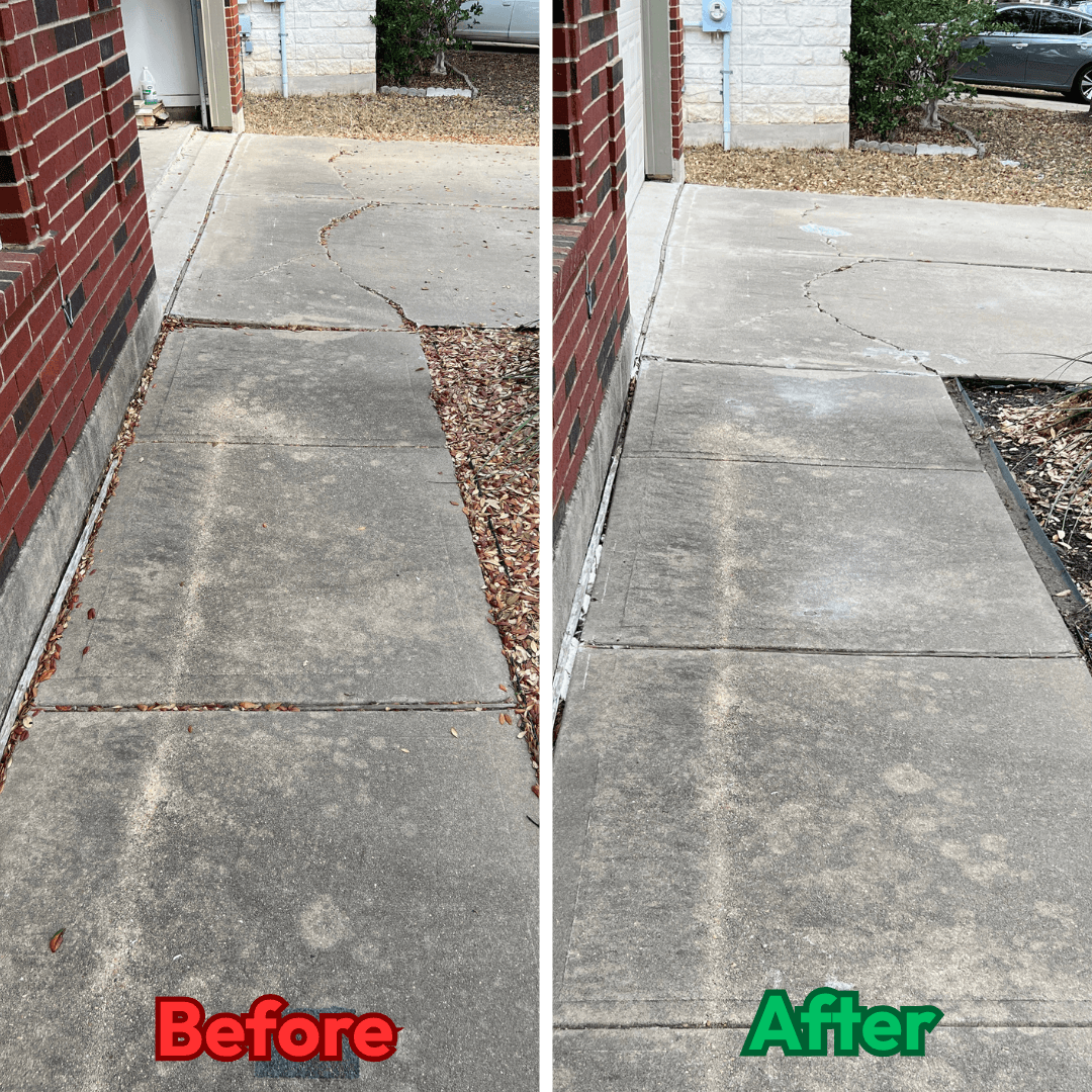 Walkway concrete leveling — before showing settled uneven slabs, after showing level aligned walkway