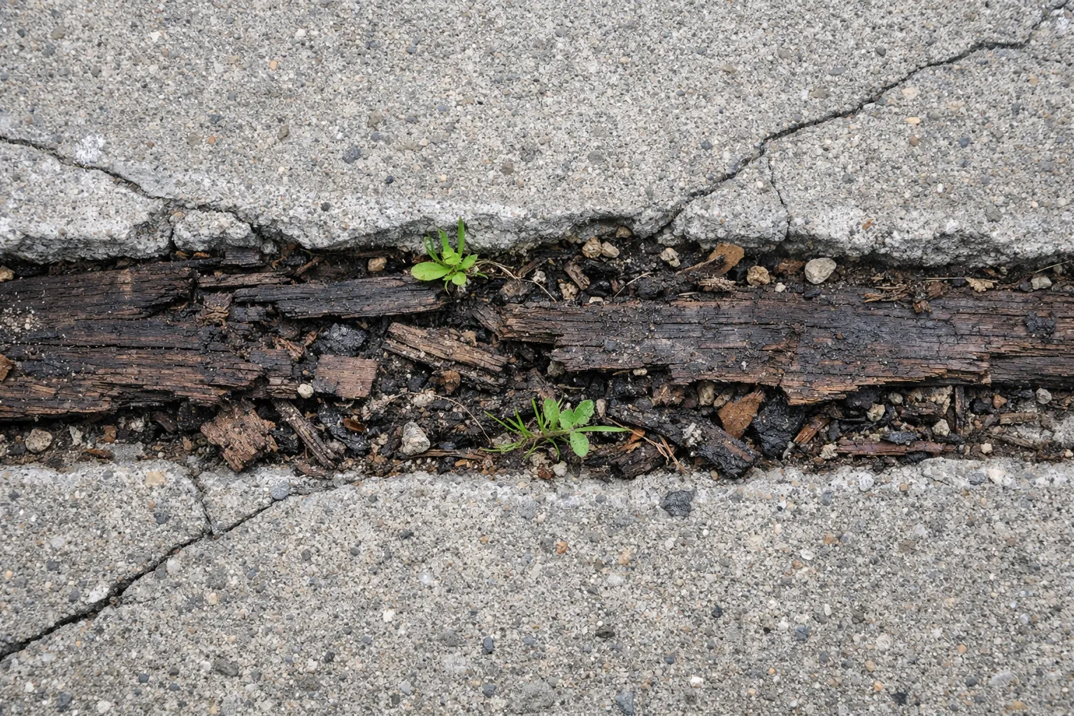 Rotting plywood expansion joint in concrete driveway before replacement