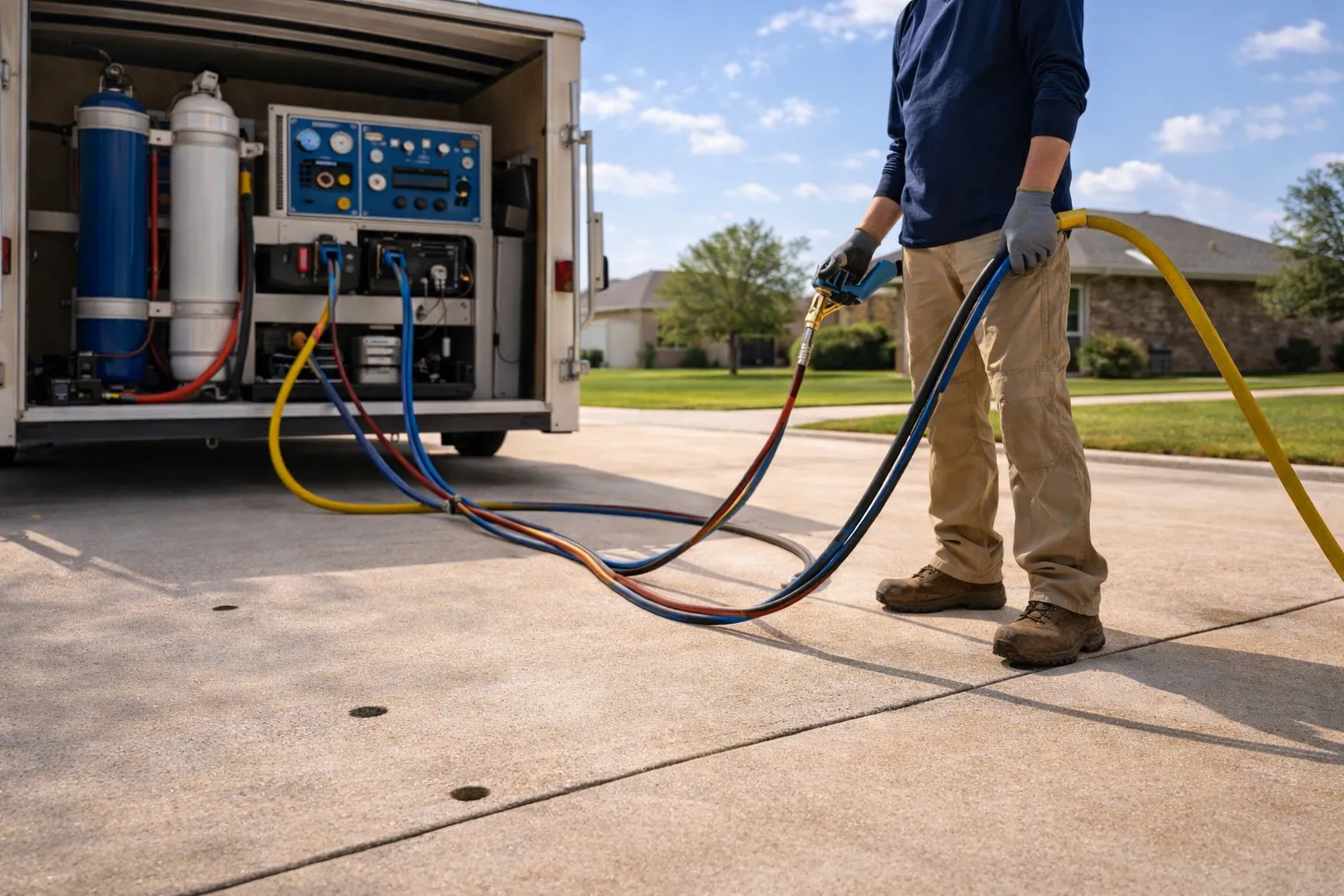 Polyurethane foam injection equipment leveling a concrete slab