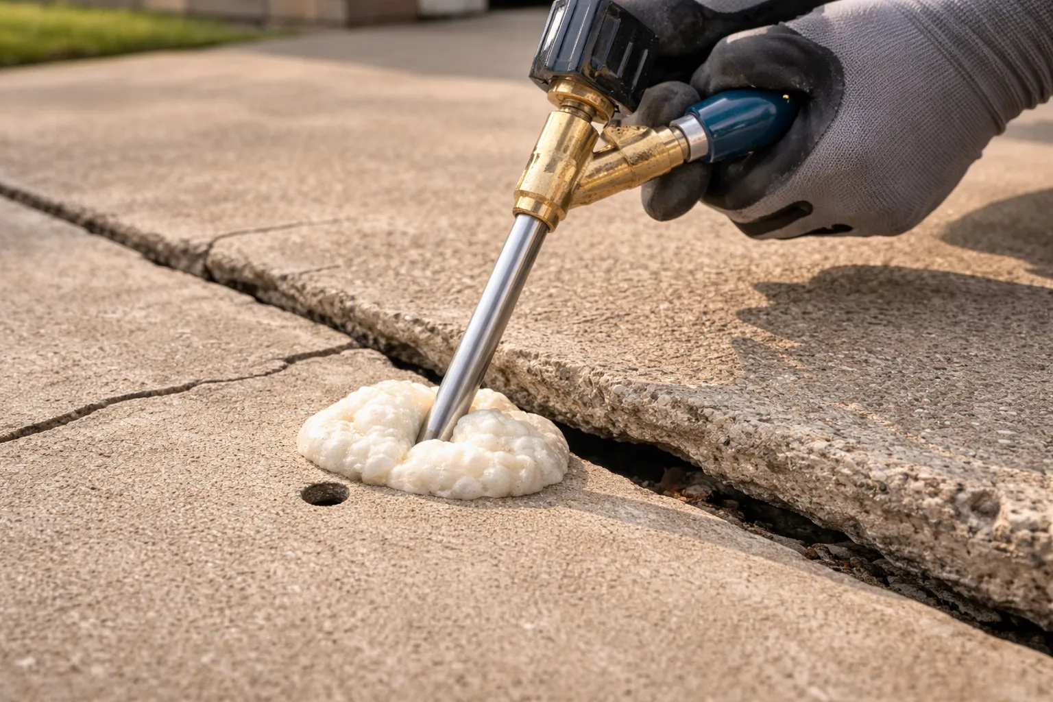 Polyurethane foam being injected to level a concrete slab